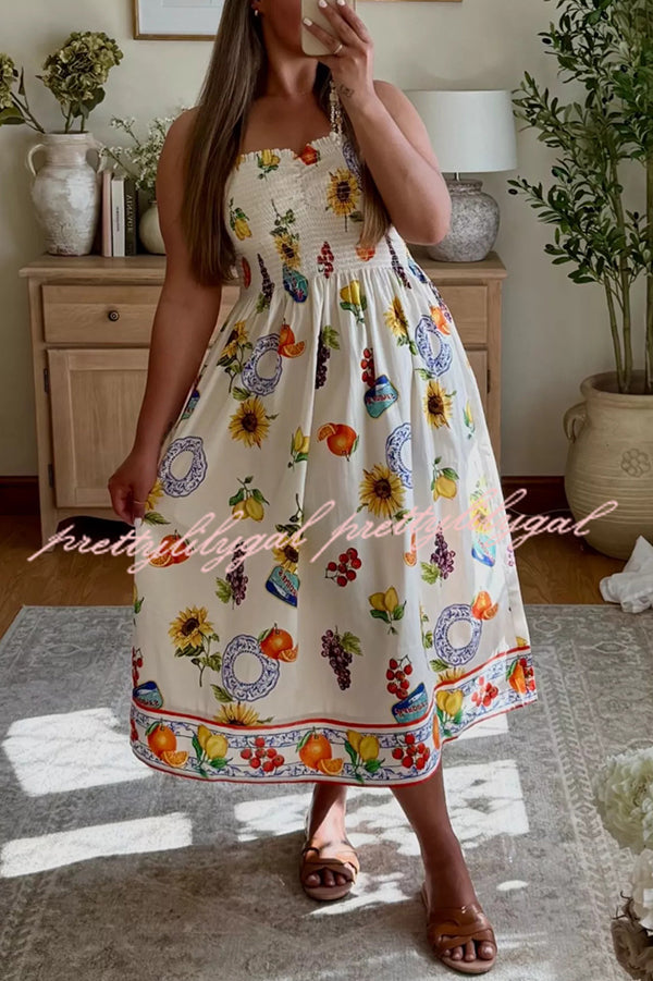 Summer Fruit Print Sling Pleated Vacation Midi Dress