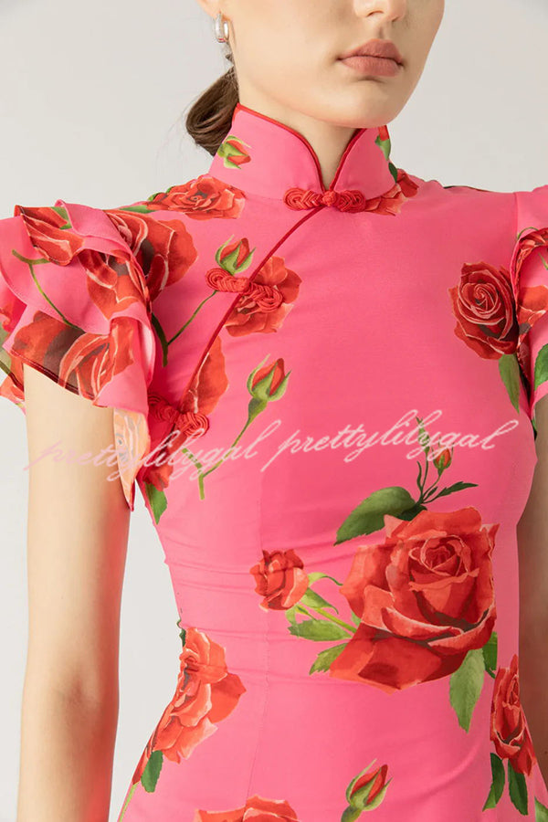 Cheongsam Style Rose Floral Print Tiered Flare Sleeve Stretch Maxi Dress