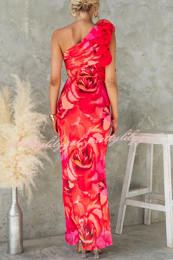 Floral Print Sleeveless 3D Flower One Shoulder Slim Maxi Dress