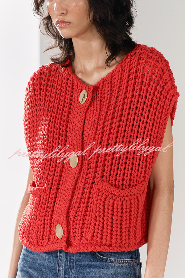 Solid Color Sleeveless Pocket Knitted Vest