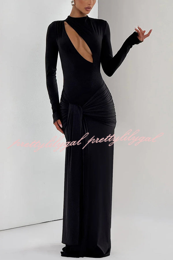 Sexy Cutout Fitted Long-sleeved Pleated Satin Ribbon Maxi Dresses