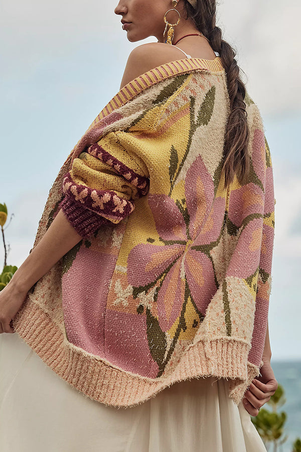 Floral Pattern Loose Long-sleeved Knitted Cardigan