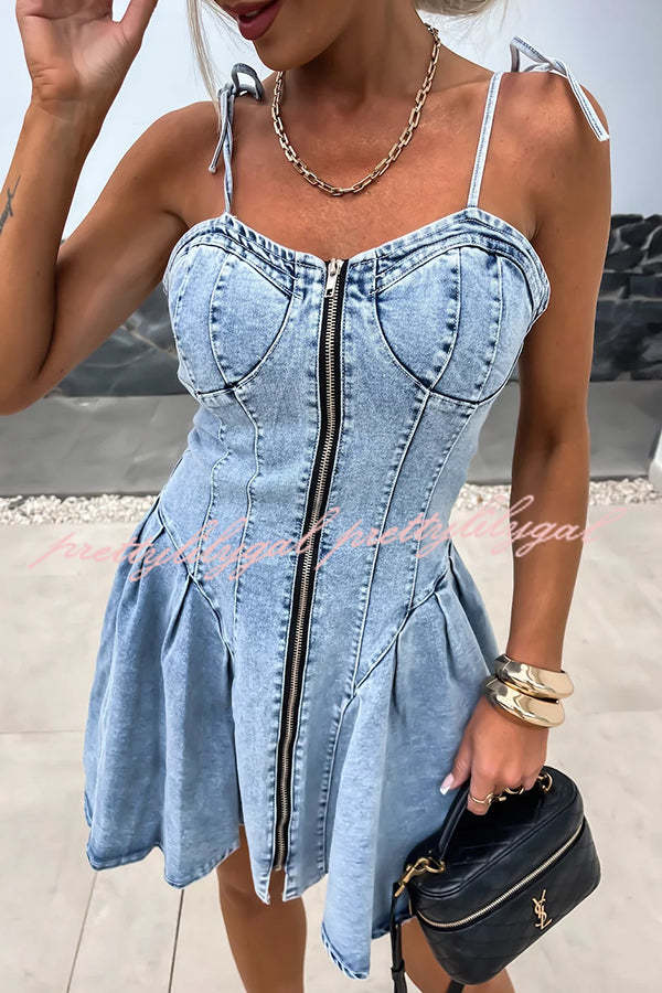 Fashionable Patchwork Suspender Zipper Slim Denim Mini Dress