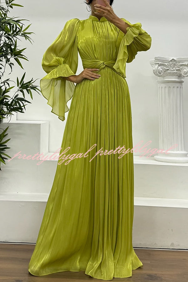 Ellah Shiny Fabric Chinese Stand Collar Twist Waist Balloon Sleeve Maxi Dress