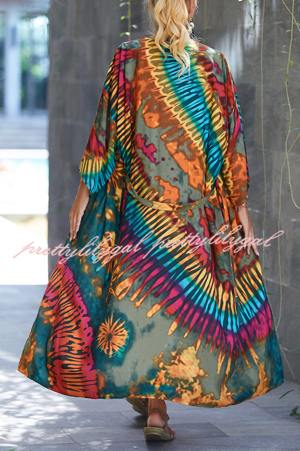 Unique Print Loose Lace Up Holiday Maxi Cover Up