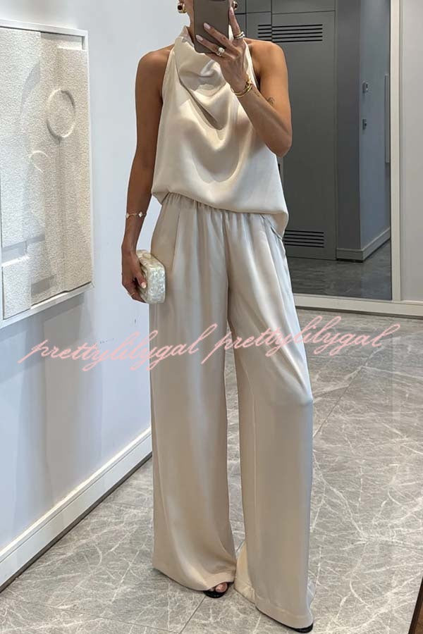 Classic on You Satin High Cowl Neck Top and Elastic Waist Pocket Loose Pants Set
