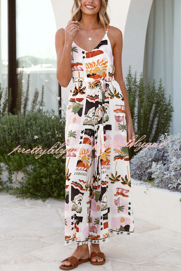 Unique Beach Vacation Print V-neck Suspenders Casual Wide-leg Jumpsuit