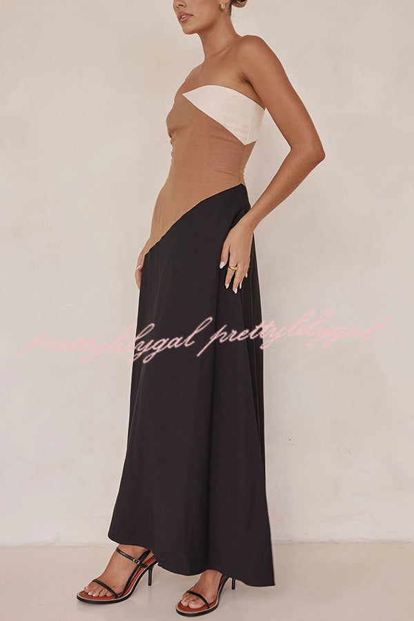 Calissa Asymmetrical Colour Block Strapless Pocketed A-line Maxi Dress