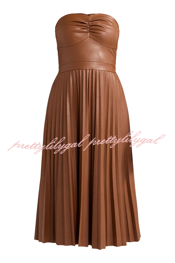 My Juliet Faux Leather Off Shoulder Strapless Pleated Stretch Midi Dress