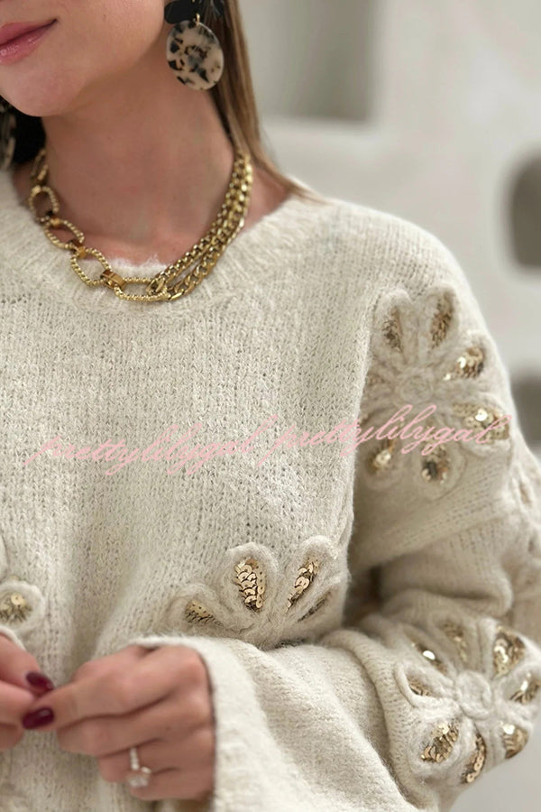 Fashionable Sequined Floral Loose Long-sleeved Knit Sweater
