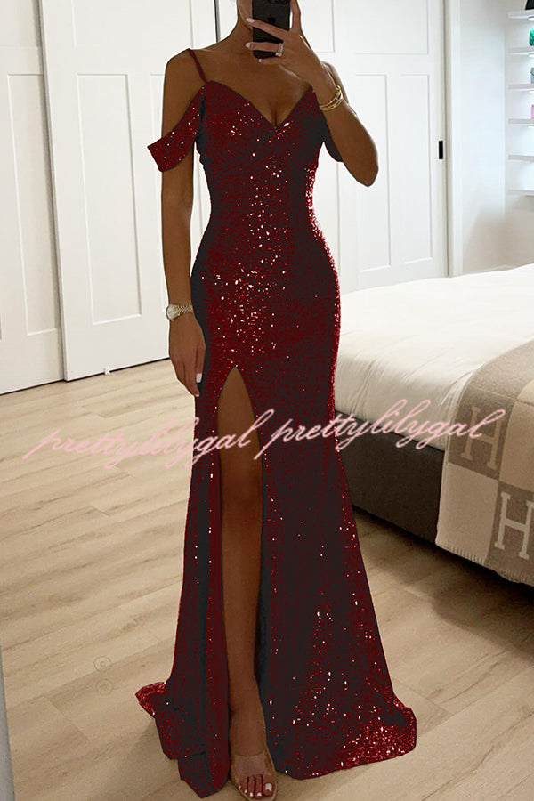 Prom Dreamland Sequin Cold Shoulder Ruched Slit Maxi Dress