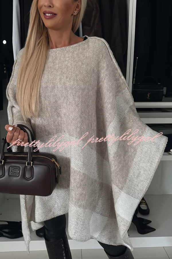 Calm and Elegant Knit Plaid Color Block Batwing Sleeve Loose Poncho