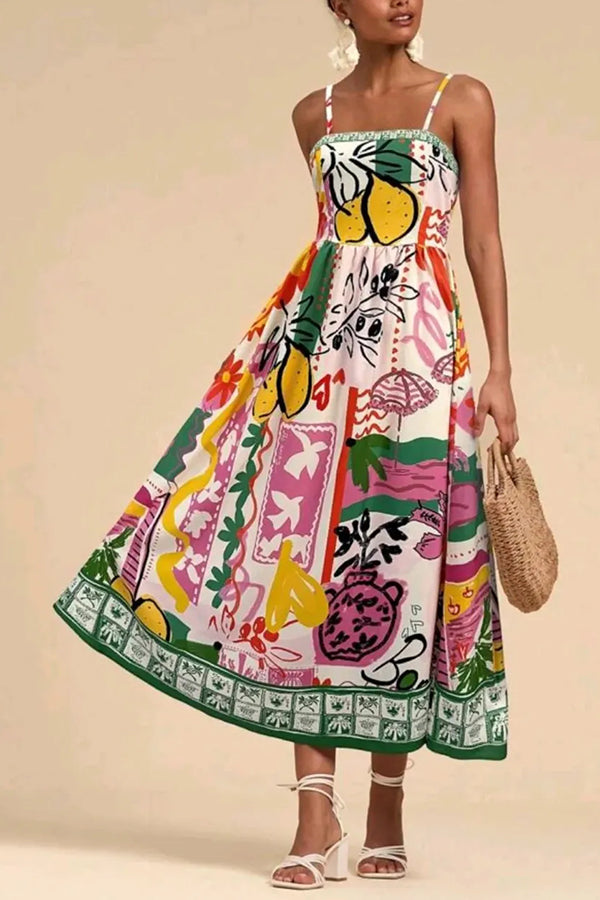 Unique Printed Sling Back Pleated Holiday Midi Dress