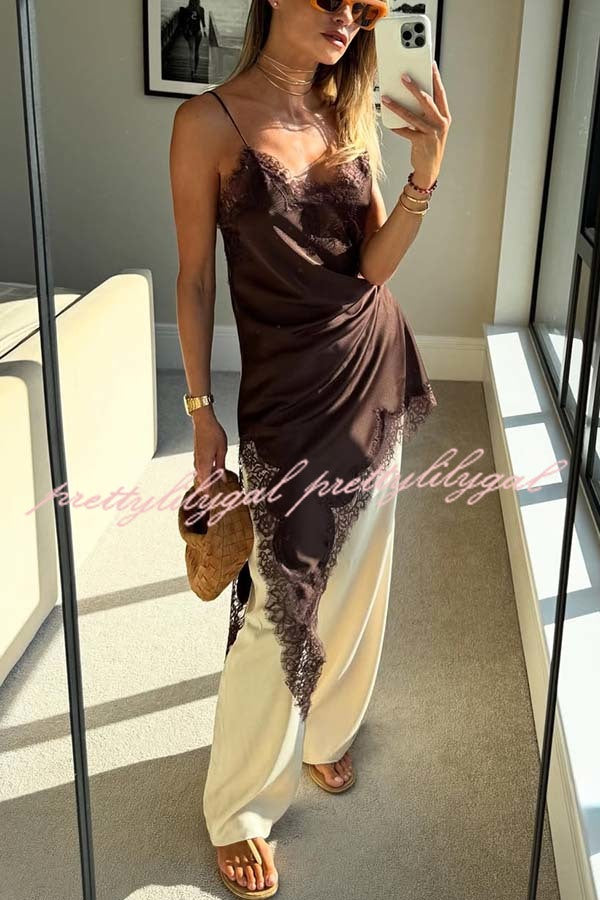 Elouise Satin Lace Trim V-neck Asymmetrical Hem Slip Mini Dress