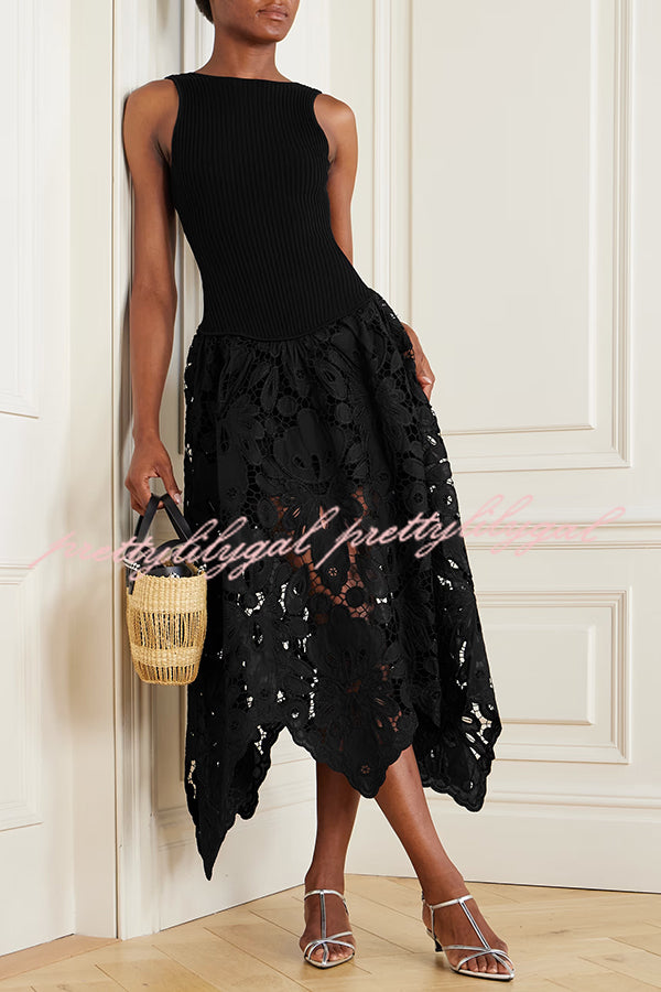 Atlas Asymmetric Ribbed-knit and Guipure Lace Back Zipper Midi Dress