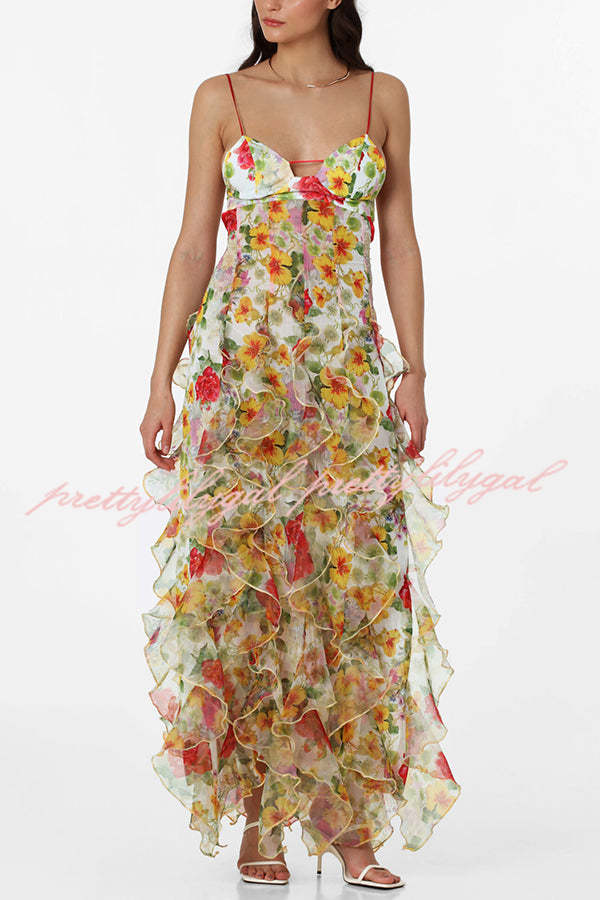 Sunrise Goddess Chiffon Roses Print Ruffles Tiered Trim Maxi Dress