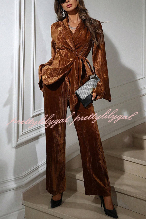 Solid Color Velvet Pleated Long-sleeved Tie Top and Casual Pocket Straight-leg Pants Set