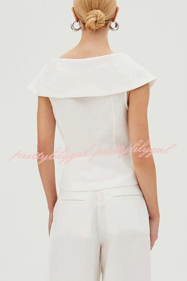 Velena Linen Blend Button Up Lapel Top and High Rise Pocket Wide Leg Pants Set