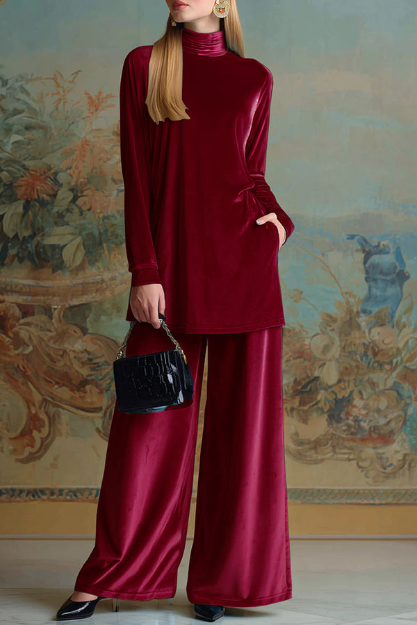 Solid Color Velvet Turtleneck Long-sleeved Loose Top and Elastic Waist Pocket Casual Wide-leg Pants Set