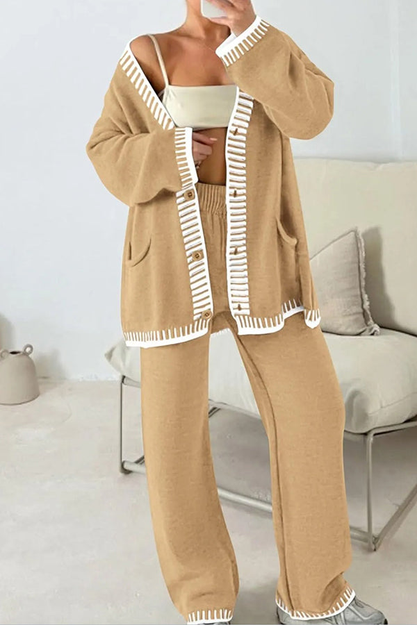 Fashion Casual Knitted Long Sleeve Pocket Cardigan and Elastic Waist Loose Wide Leg Pants Set