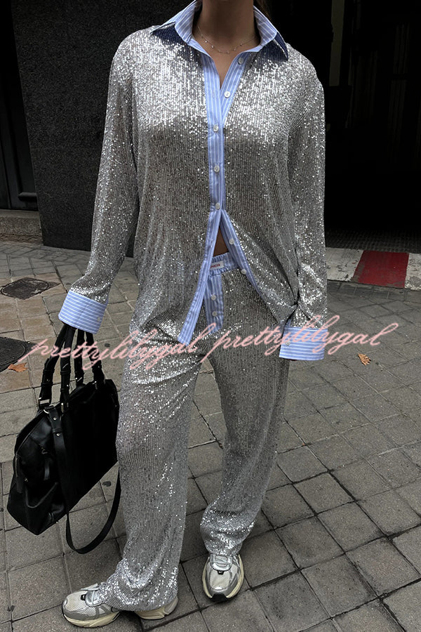 Fashion Sequined Loose Long-sleeved Shirt and Casual Elastic Waist Wide-leg Pants Set