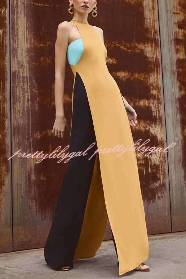 Fashionable Contrast Color Stitching Sleeveless Slim Maxi Dress