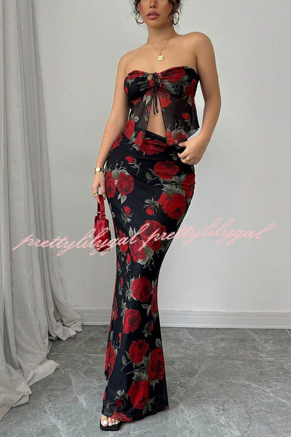 Floral Print Sexy Bandeau Lace-up Top and Slim Mesh Stretch Maxi Skirt Set