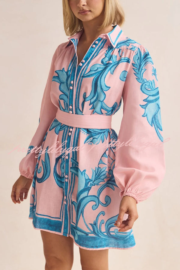 Botanical Print Lapel Puff Sleeve Vintage Belt Loose Mini Dress