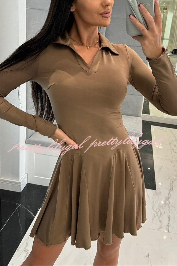 Solid Color Lapel Long Sleeve Slim Fit Waist Mini Dress