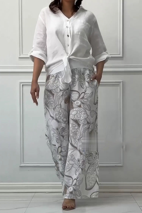 Fashion Lapel Long Sleeve Casual Shirt and Unique Print Elastic Waist Pocket Wide Leg Pants Set