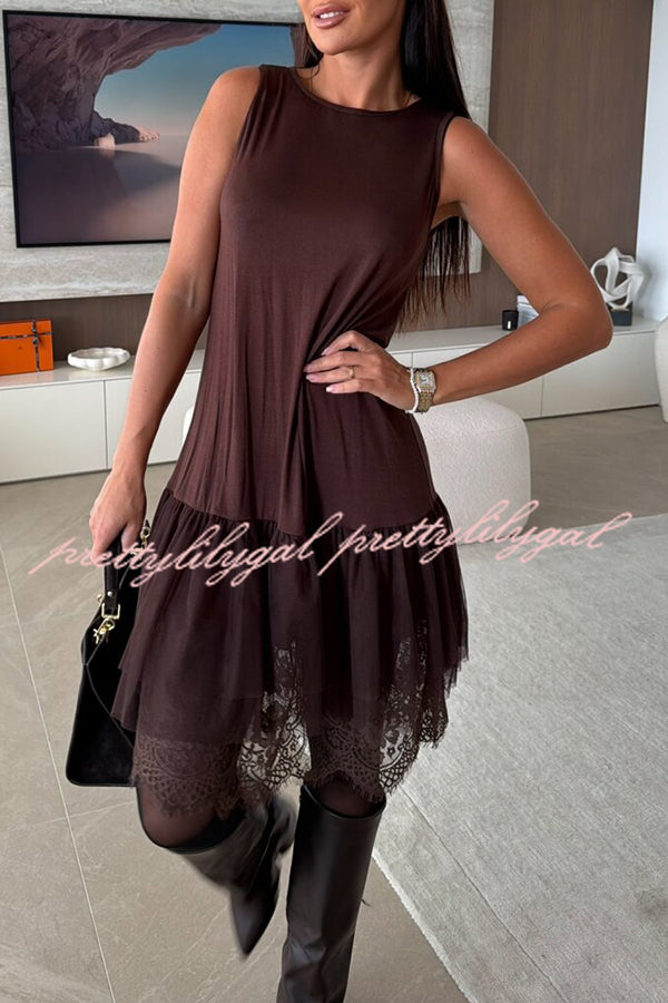 Upper East Chic Tulle Lace Tiered Hem Stretch Tank Midi Dress
