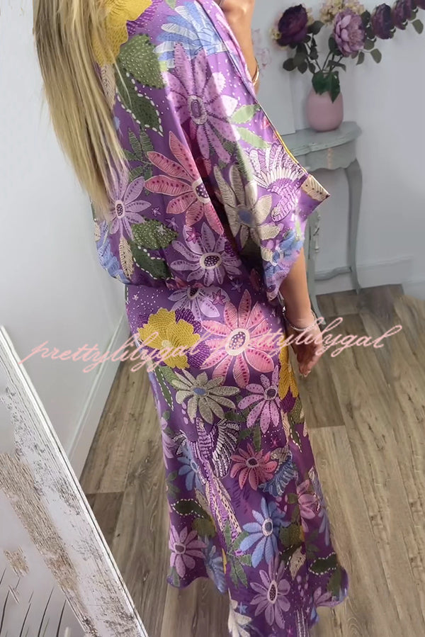 Satin Floral Print V-neck Half-sleeve Loose Top and Elegant Maxi Skirt Set