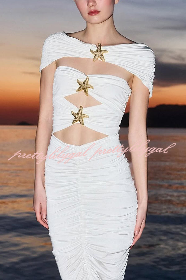 Solid Starfish Decoration Shawl and Cutout Stretch One-Piece Swimsuit