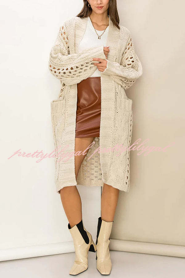 Jamila Knit Cable Cotout Long Sleeve Pocket Oversized Midi Cardigan