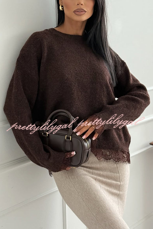 Caitlin Knit Lace Trim Patchwork Long Sleeve Back Slit Relaxed Sweater