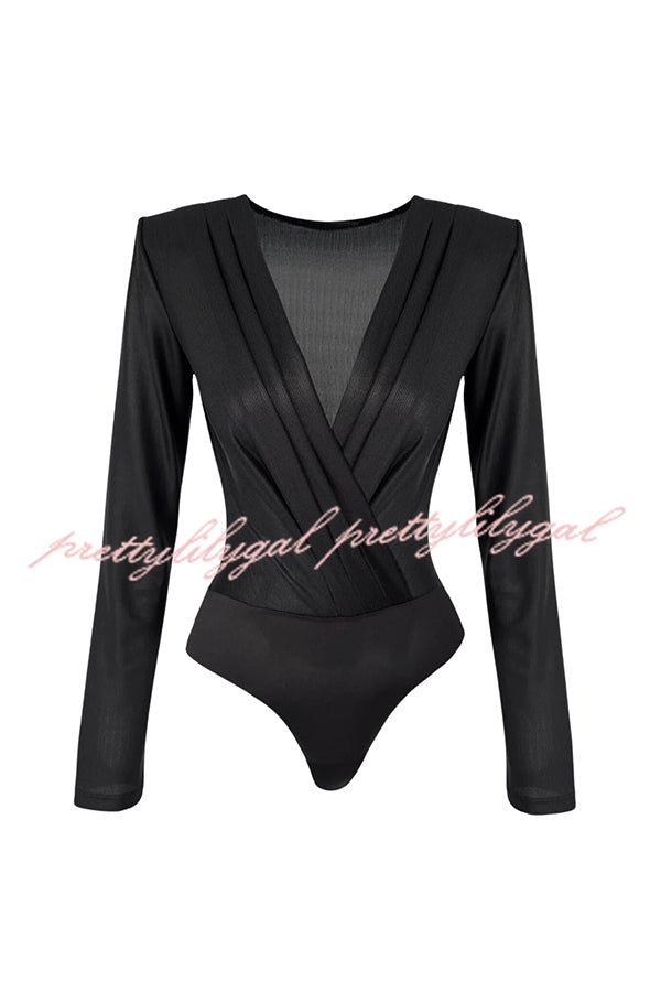 Chic Celebration Glossy Fabric Pleated V-neck Long Sleeve Stretch Bodysuit