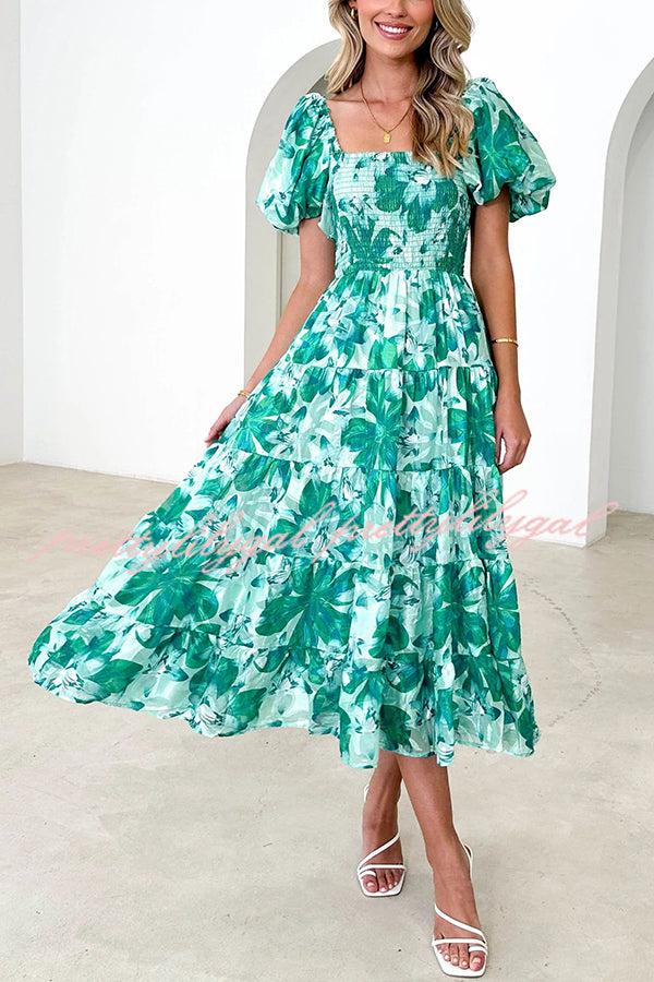 Petal Princess Unique Print Smocked Waist Puff Sleeve Midi Dress