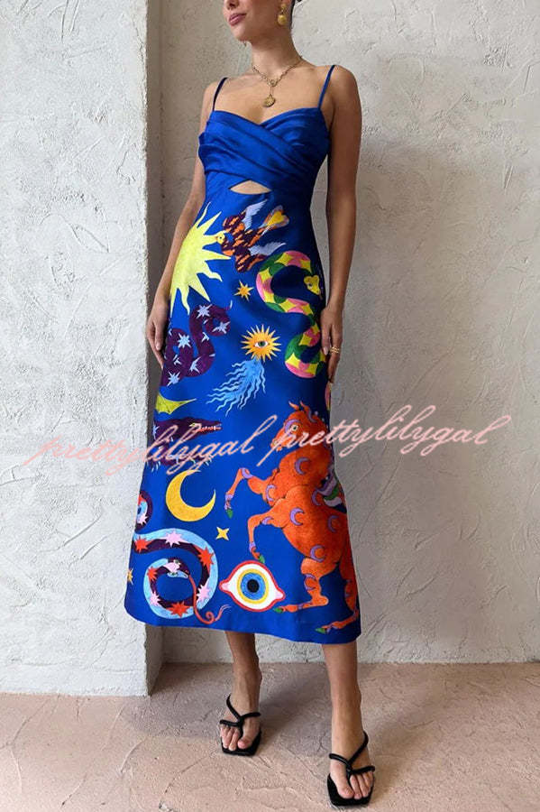 Main Stage Unique Printed Ruched Cross Over Detail Strap Midi Dress