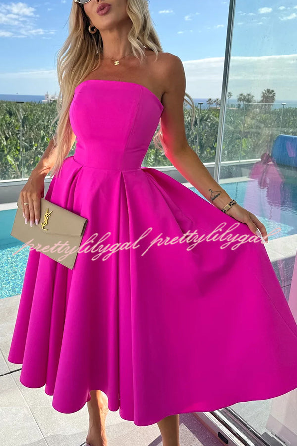 Sweet Cascade Solid Color Off Shoulder Pocket Full Hem Midi Dress