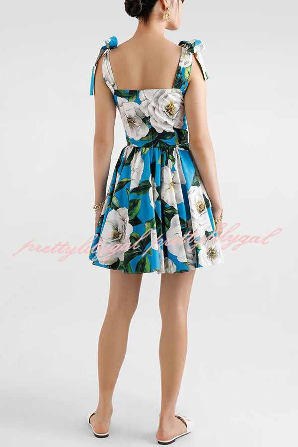 Fresh and Romantic Floral Print Square Neck Knotted Straps Mini Dress