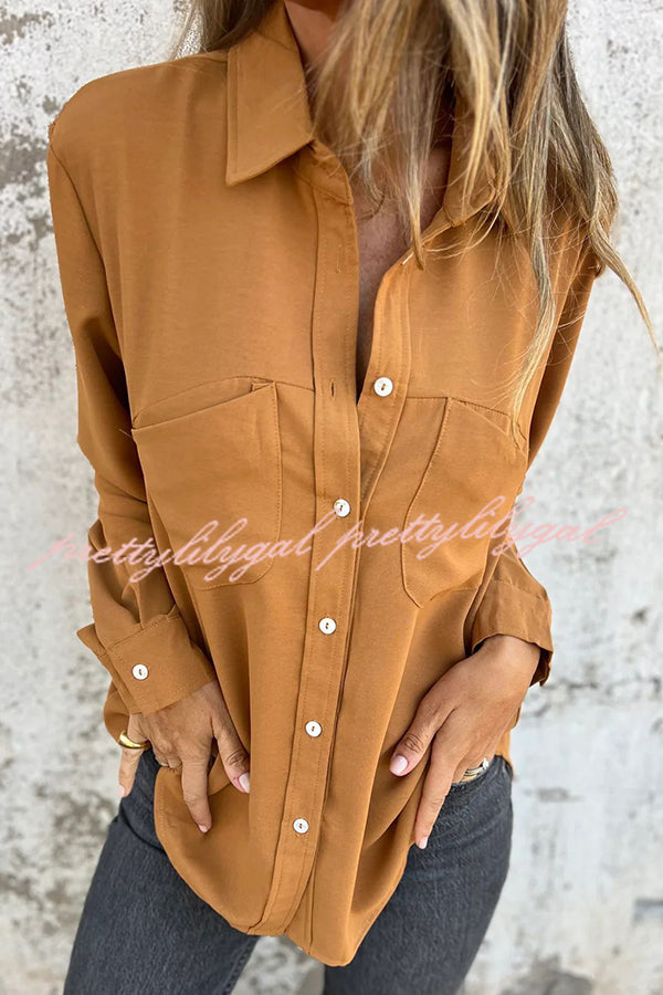 Solid Color Lapel Button Pocket Casual Long Sleeve Shirt