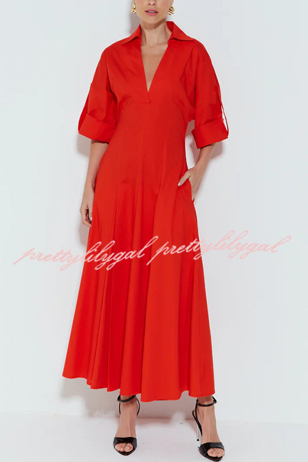 Newtown Wide Sleeve Pocketed Umbrella Hem Shirt Maxi Dress