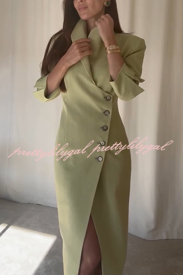 Elegant Look Linen Blend Stand Lapel Neck Half Sleeve Side Button Midi Dress