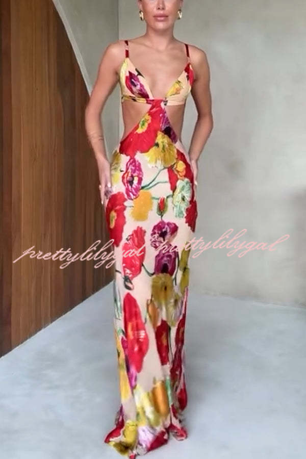 Hawaiian Dreams Satin Floral Print Cutout Backless Maxi Dress