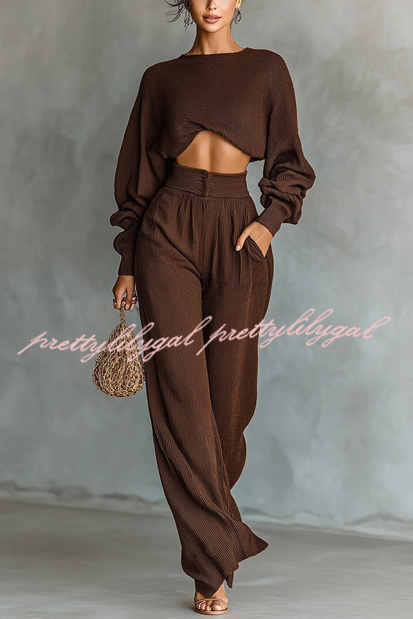 Solid Color Textured Fabric Round Neck Long-sleeved Top + High Waist Casual Pocket Wide-leg Pants Set