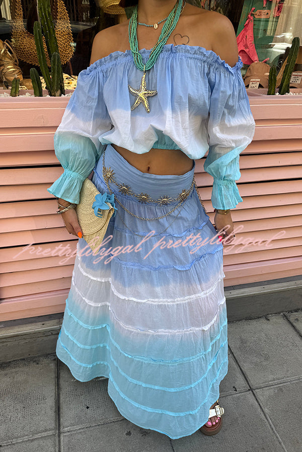 Fashionable Gradient Off Shoulder Long Sleeve Top and Resort Style Spliced Maxi Skirt Set
