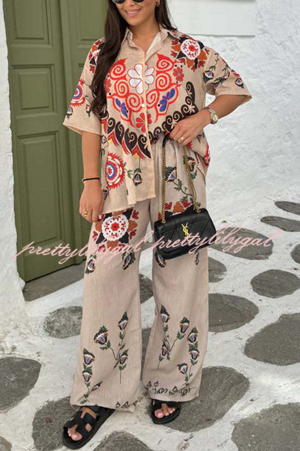 Fiji Ethnic Unique Printed Casual Shirt and Elastic Waist Wide Leg Pants Set