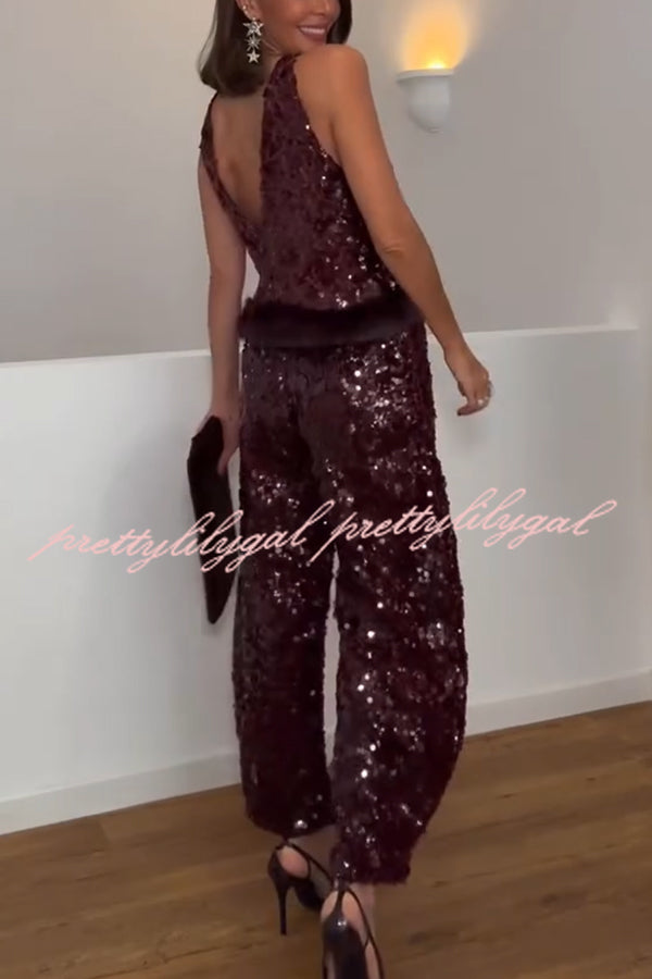Gala Goddess Sequin Faux Fur Trim Crew Neck Sleeveless Loose Top
