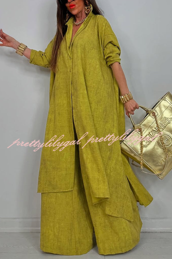 Solid Color Casual Loose Long Shirt and Elastic Waist Pocket Wide Leg Pants Set