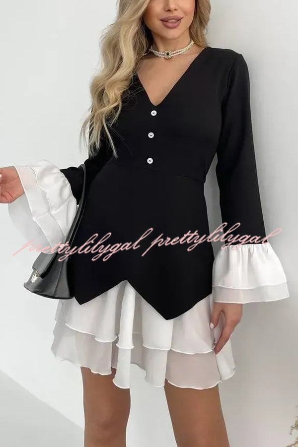 Fashionable Contrast Color Panel Long Sleeve Ruffled Mini Dress